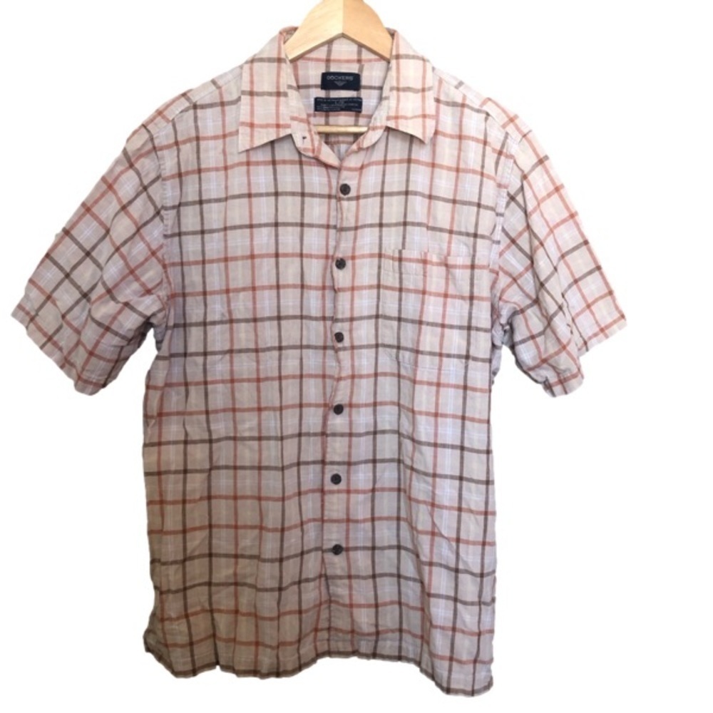 Dockers  Linen Cotton Blend Short Sleeved Plaid Button Up Shirt Large